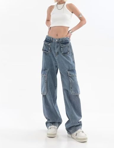 Perbai Women's Baggy Cargo Jeans Low Rise Wide Leg Denim Pants Y2K Streetwear with Pockets3