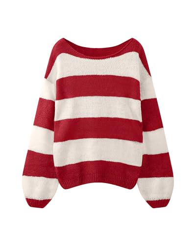 Sweaters for Womens Fall Winter Y2K Oversized Preppy Jumper Sweaters Lightweight Knit Color Block Pullover Sweater,Red White Stripe,M