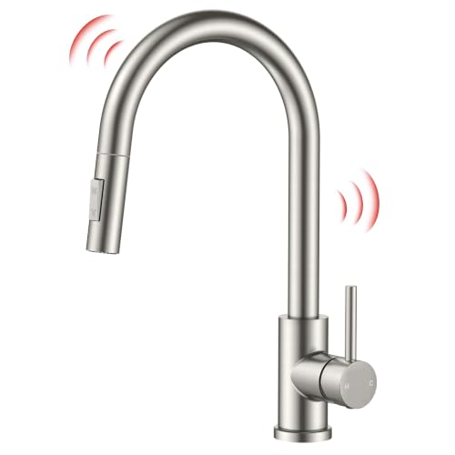 FORIOUS Touch Kitchen Faucet with Pull Down Sprayer, Single Hole Brushed Nickel Kitchen Sink Faucet with Deck Plate, Touch Activated, Single Handle High Arc Stainless Steel, Fit for RV Bar Farmhouse