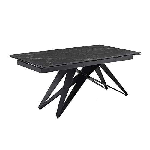 Meubletmoi Esstisch, ausziehbar, 160/240 cm, Keramik, schwarz marmoriert, matt und geometrischer Fuß aus Metall, Schwarz – Indiana 03