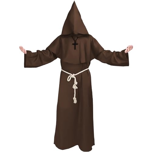 Kitimi Mönch Kostüm Herren Mittelalter Pfarrer für Karneval und Halloween (Braun L)
