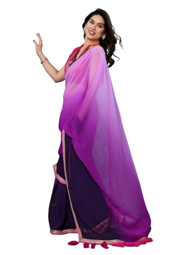 Image of RAJESHWAR FASHION WITH RF Women's Fancy Desian Ombre Georgette Saree For Women With Latkan Tassels Lace Border & Unstitched Blouse