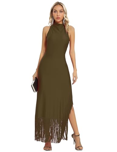 Image of Aigeman Women Vintage Flapper Dresses 1920s Great Gatsby Halter Fringed Maxi Dress Tassels High Split Formal Dress 19