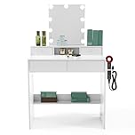 Bonnlo Dressing Table with Mirror and 9 LED Lights, Vanity Desk - 3 Colour Modes - 4 Drawers, Compact Makeup Desk for Bedroom Living Room, 40x80x130cm, White