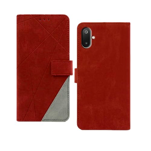 Image of amazon basics Samsung Galaxy M06 Flip Cover | Card Pockets Wallet & Stand | Flip Cover for Samsung Galaxy M06 (Red with Grey)
