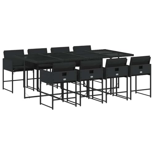 QJBSAVVA Salon de jardin 9 pièces avec coussins en polyrotin noir, table à manger et 8 chaises peu encombrantes, ensemble de sièges de jardin en forme de...