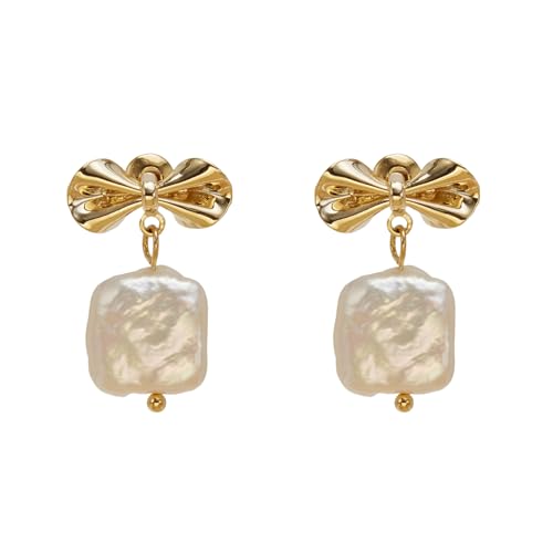FarF&ME Pearl Earrings for Women - 18K Gold Plated Statement Baroque Pearl Dangle earrings, Lightweight Elegant Bow Drop Earrings For Wedding, Bridal, Beach.