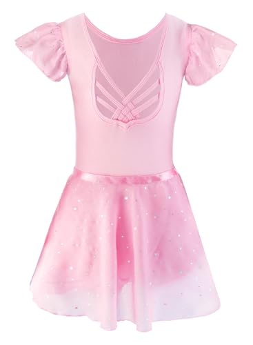 Image of EQSJIU Ballet Leotards for Girls with Removable Skirt Combo Tie Ruffle Sleeve Ballet Dance Dress Outfit 2-12 Years
