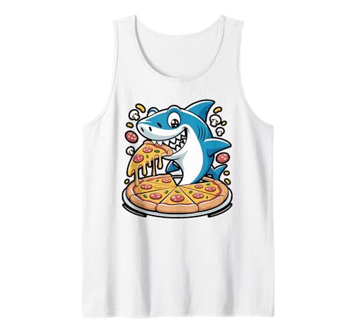 Shark Eating Pizza Cartoon Tank Top
