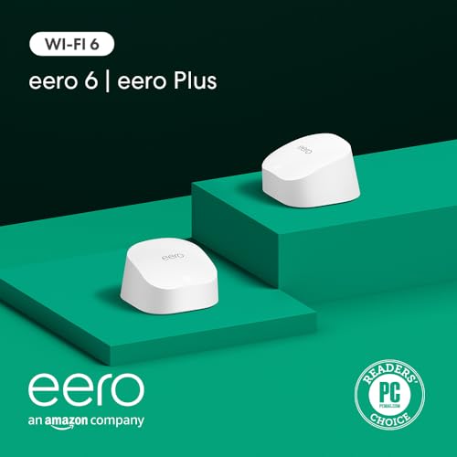Image of Amazon eero 6 mesh wifi system with 1-month free eero Plus (auto-renews) - Supports internet plans up to 500 Mbps, Coverage up to 3,000 sq. ft., 2-pack (1 router + 1 extender)