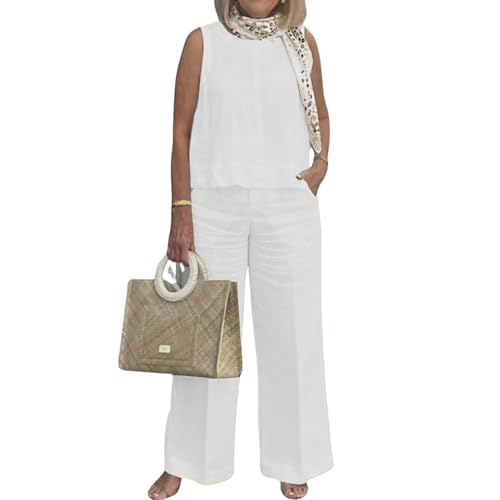 2 Piece Outfits for Women Summer Cotton Linen Sets Sleeveless Tank Tops and Wide Leg Pants Lounge Sets with Pockets