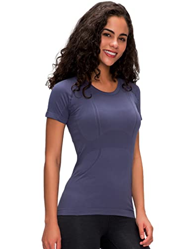 GITVIENAR Damen Sport T-Shirt Laufshirt Trainingsshirt Kurzarm Rundhals Atmungsaktiv Schnelltrocknend Top Oberteile für Fitness Yoga Gym (3er Pack), Violet/gris., M Cover