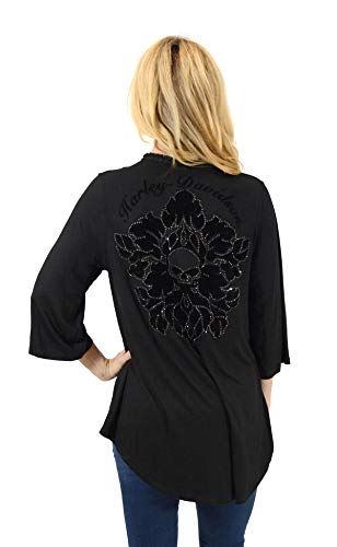 Harley-Davidson Womens Damask Floral Willie G Skull Pom Pom Fringe Cardigan Black 3/4