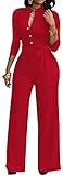 Women's Sexy V Neck Jumpsuit Elegant 3/4 Sleeve High Waisted Long Wide Leg Pants Button Down Clubwear Rompers with Belt