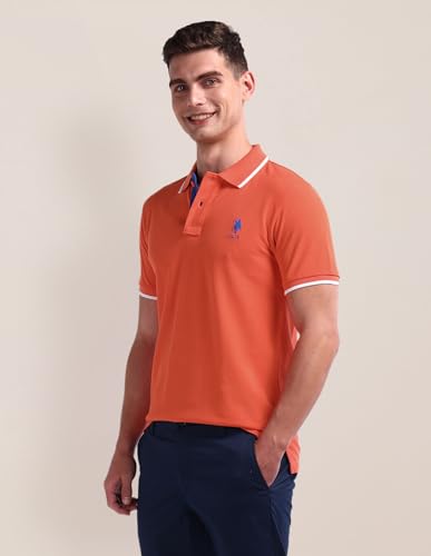 Image of U.S. POLO ASSN. Men's Orange Solid Polo Collar Collared Neck Short Sleeve Casual Cotton Slim Fit Polo Shirt