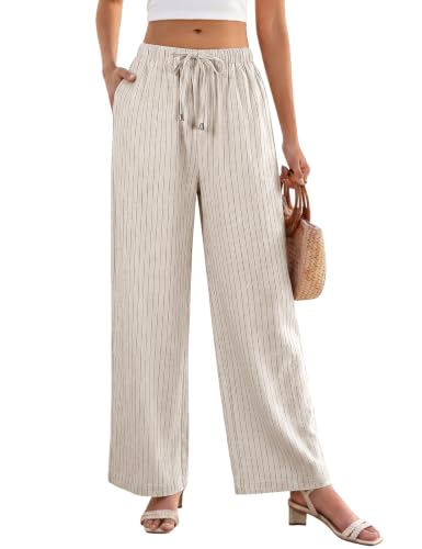Image of Linen Pants for Women Boho High Waist Wide Leg Flowy Palazzo Pants | Summer Beach Vacation Pants, Cold Water Wash, Soft Casual Pants, High Waisted Drawstring, Elastic Waist Trousers, Sheer