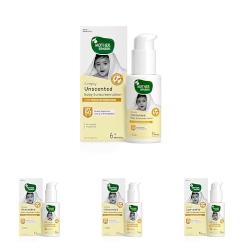 Image of Mother Sparsh Simply Unscented Mineral Baby Sunscreen with Natural Oatmeal -50g, with SPF 50 & UVA /UVB Protection | Fragrance Free Sunscreen for Babies with Sensitive Skin (Pack of 4)