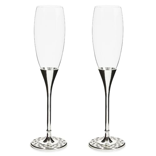 Image of MACKENZIE-CHILDS Set of 2 Celebrate Toasting Flutes, Decorative Champagne Glasses, 8 Ounces, Black-and-White Courtly Check