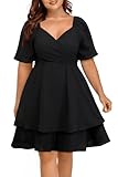 Pinup Fashion Women Plus Size Dresses for Wedding Guest Black Graduation Summer Wrap V Neck Casual Knee Length Ruffle A Line Dress
