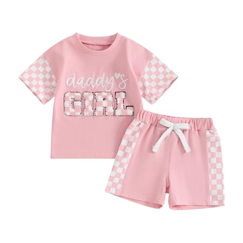 Image of Baby Girl Clothes Summer Outfit Daddy's Girl Embroidered Shirt Checkered Shorts Infant Toddler Girls Clothing Set (Short Sleeve Pink, 3-6 Months)