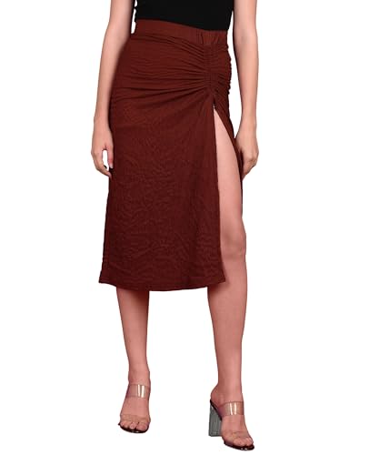 Image of POPWINGS Women Casual Beige Long Slit Self Design Solid Skirt | Women Trendy Skirt