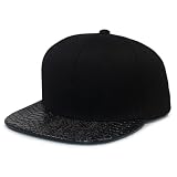 XUAN SUN Snakeskin Faux Leather Brim Snapback Hat Women Unisex Adjustable Metal Buckle Hip Hop Crocodile PU Baseball Cap Men (All Black)