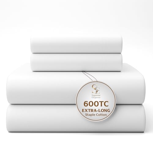 Image of 100% Cotton Queen Size Bed Sheets White, Ultra-Soft & Silky 600 Thread Count Sateen Bed Sheet, 4-Piece Queen Sheets Set (1 Flat Sheet, 1 Fitted Sheet & 2 Pillowcases) with Deep Pocket