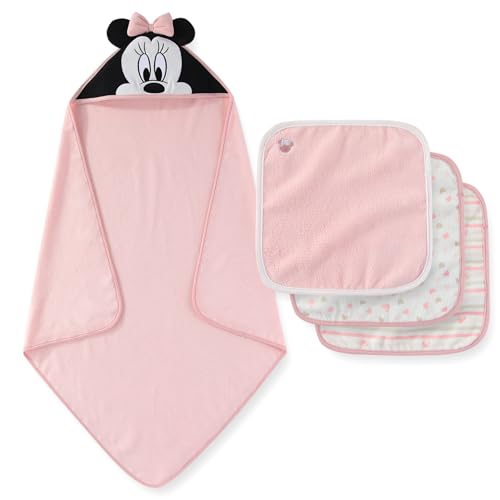 Image of Disney Baby Girls Minnie Mouse Hooded Baby-Bath Towel with 3 Washcloths Set for Newborn and Infants