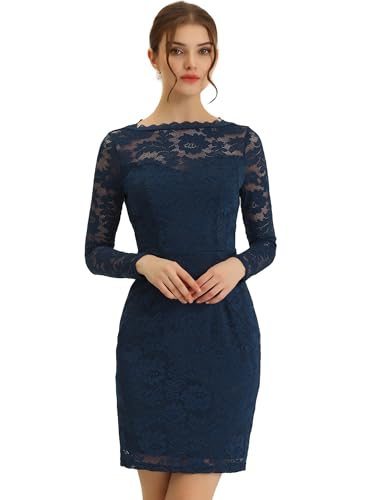 Allegra K Vestido de Mujer Elegante con Encaje Floral y Cuello Barco para Boda, Fiesta, cóctel, ceñido al Cuerpo Azul Oscuro XS