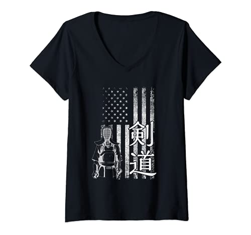 Femme Kendo Kanji Japanese Martial Arts - Patriotic 4th of July US T-Shirt avec Col en V