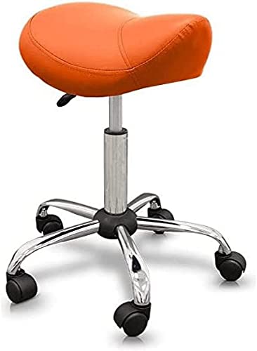 QUIRUMED Taburete Tipo Pony, Ergonómico, con Base de Acero, Color Naranja, Tapizado en Polipiel, Altura Regulable, Asiento Acolchado, Ruedas giratorias, hasta 150 kg