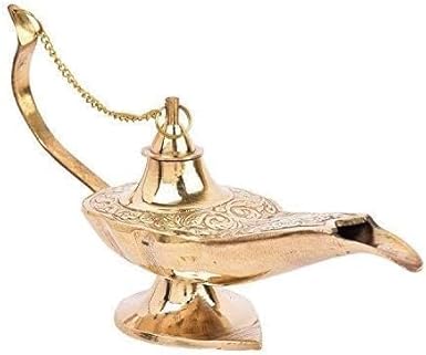 ALFAMART HT Elegant 8-Inch Brass Aladdin Chirag Oil Lamp ? Vintage-Inspired Genie Lamp for Home Decor, Festive Decoration, and Gift Collectible ? Handcrafted Brass Finish with Antique Charm