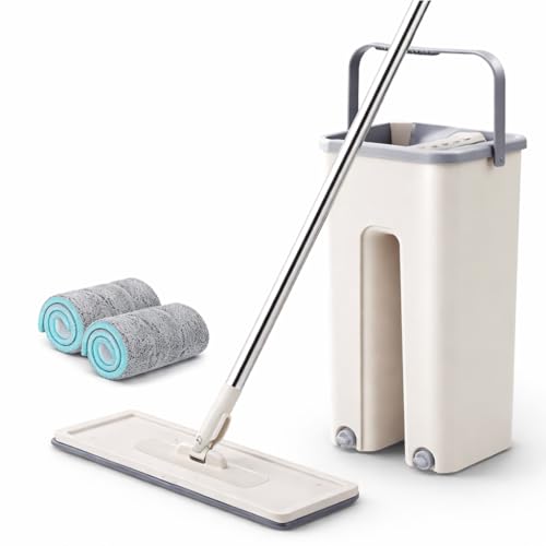 Image of Mop Heavy Quality Floor Mop with Bucket, Flexible Kitchen tap Flat Squeeze Cleaning Supplies 360 Flexible Head /2 Reusable Pads Clean Home Floor Cleaners