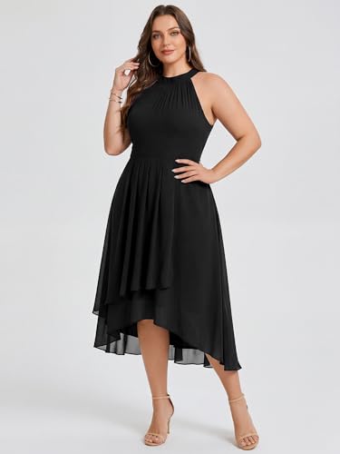 Image of Ever-Pretty Plus Women's Sleeveless Halter A Line Pleated High Low Plus Size Wedding Guest Cocktail Dresses 31926-DA