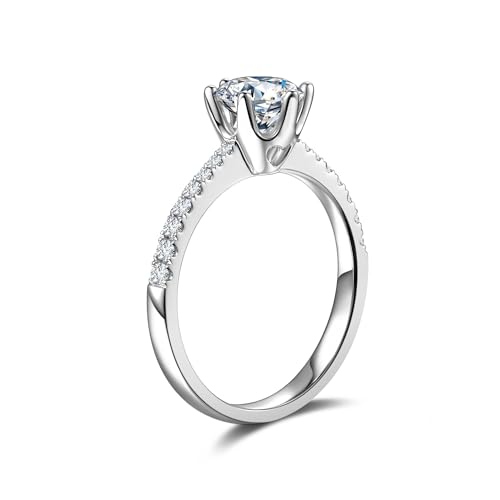14K White Gold 1ct Moissanite Engagement Ring for Women,6.5MM Main Stone,D Color VVS1 Round Simulated Diamond Moissanite Wedding Promise Proposal Ring for Wife Her Anniversary Bridal Gift,All Size3
