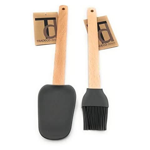 Tradeco direct® 2 Piece Utensil Set, Large Spatula / basting Brush, Grey Silicone with Beechwood Handle 28cm Cover