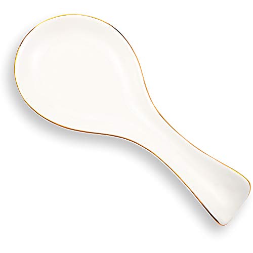 Image of Patelai Ceramic Spoon Rest Spoon Holder Stovetop for Kitchen Stove Coffee Bar Accessories Christmas Gift(White with Gold Brim,Classic Style)