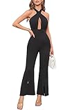 WDIRARA Women's Halter Sleeveless Cut Out Backless Long Romper Split Wide Leg High Waist Dressy Textured Jumpsuit Black XS