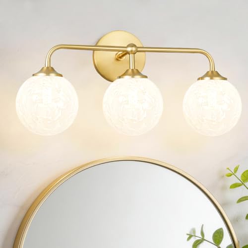 Image of Modern Brushed Gold 3-Lights Vanity Light Fixtures with Carved White Glass Ball Shades, Mid Century Brass Wall Sconce Lighting Fixtures over Mirror, Wall Sconces for Bathroom Dressing Table Bedroom