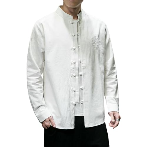 Chemise Hanfu brodée homme en coton lin à manches longues style traditionnel