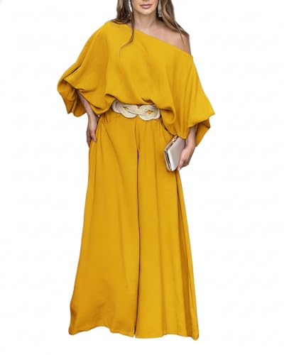 Image of CHICME Women Summer 2 Piece Outfits Off Shoulder Top Flowy Wide Leg Pants Set Vacation Travel Airport Outfits