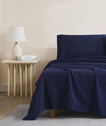 Image of Linen Closet 100% Organic Cotton Twin Sheet 3 Pcs Set, Cotton Sheets with 16 inch Deep Pocket, Navy, Bed Sheets for College Dorm Essential, Crisp & Breathable, Percale, Naturally Cooling(Pack of 4)