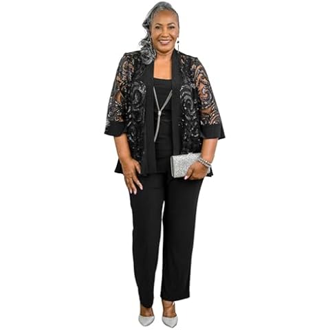 R&M Richards Women's Sequin Net Lace Pantsuit Cover