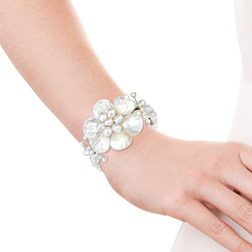 AeraVida Ocean’s Iridescent Garden White Mother of Pearls Seashell and Cultured Freshwater Pearls Floral Cuff Bracelet | Open Cuff Bangle Bracelet for Women2