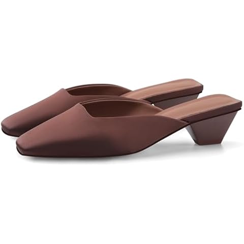 Adrizzlein Mule Heels for Women Square Toe Kitten Heel Satin Mules Closed Toe Low Heel Slides Sandals Summer Dress Shoes Brown Size 10 Cover