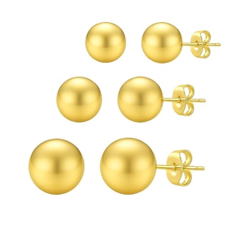 14K Gold Ball Stud Earrings – 3 Pairs in 3mm, 4mm, 5mm Sizes – Available in Style Colors for Women & Men
