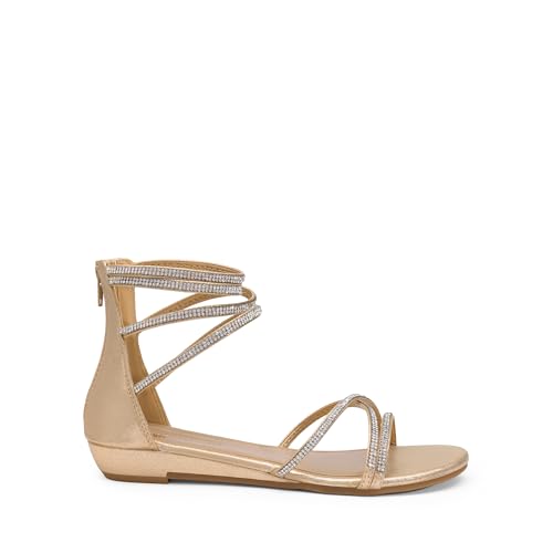 DREAM PAIRS DREAM PAIRS Women's Ankle Strap Flat Sandals Summer Dressy Strappy Gladiator Rhinestones Sandals,Size 7,Gold,WEITZ