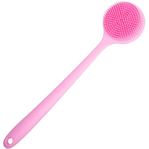 DNC Soft Silicone Back Scrubber Shower Bath Body Brush with Long Handle, BPA-Free, Blood_Circulation,Hypoallergenic, Eco-Friendly (Pink)