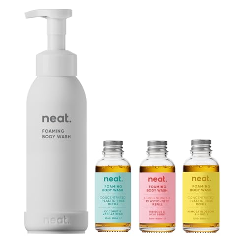 Neat Foaming Body Wash Discovery Kit (1 Refillable Bottle 500ml + 3 Refills 50ml each) Dermatologically Approved Shower Gel & Liquid Soap Set for Men & Women Bodywash Suitable for Sensitive Skin
