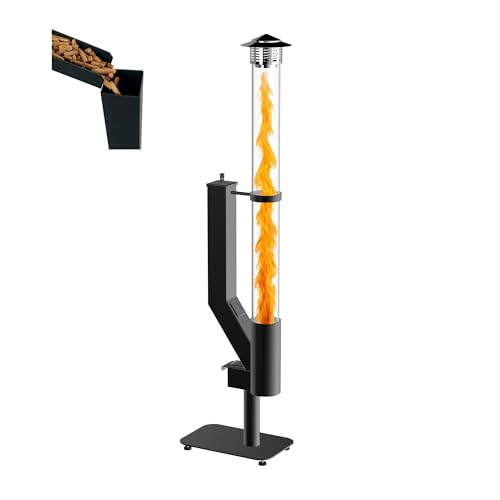 Smokeless Wood Pellet Patio Heater Spiral Swirling Flame Glass Tube Fire Pit for Patio/Garden/Backyard Anti-Tip Steel Base with Adjustable Feet Outdoor Use Only